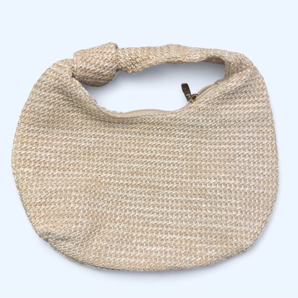Wonderly Straw Hobo Bag with Knotted Handle - Beige Handcrafted Rattan